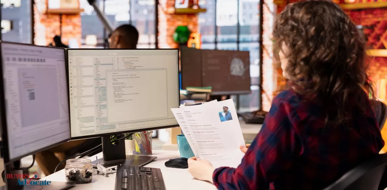 Property manager reviewing tenant background check documents for a Melbourne rental property