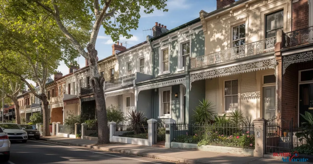 Row of terrace houses along a tree-lined residential street in Melbourne.